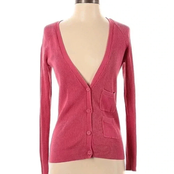 Kate Spade Saturday Barbie Pink Linen Blend Button Down Cardigan Deep V Size XS - Picture 1 of 6